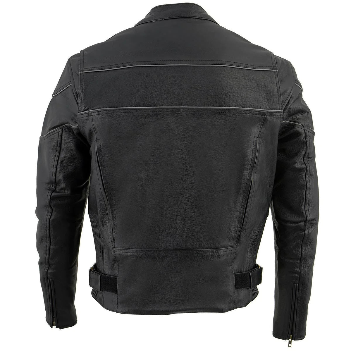 Mens Black Leather Scooter Style Motorcycle Jacket w/ Side Stretch and Reflective Piping