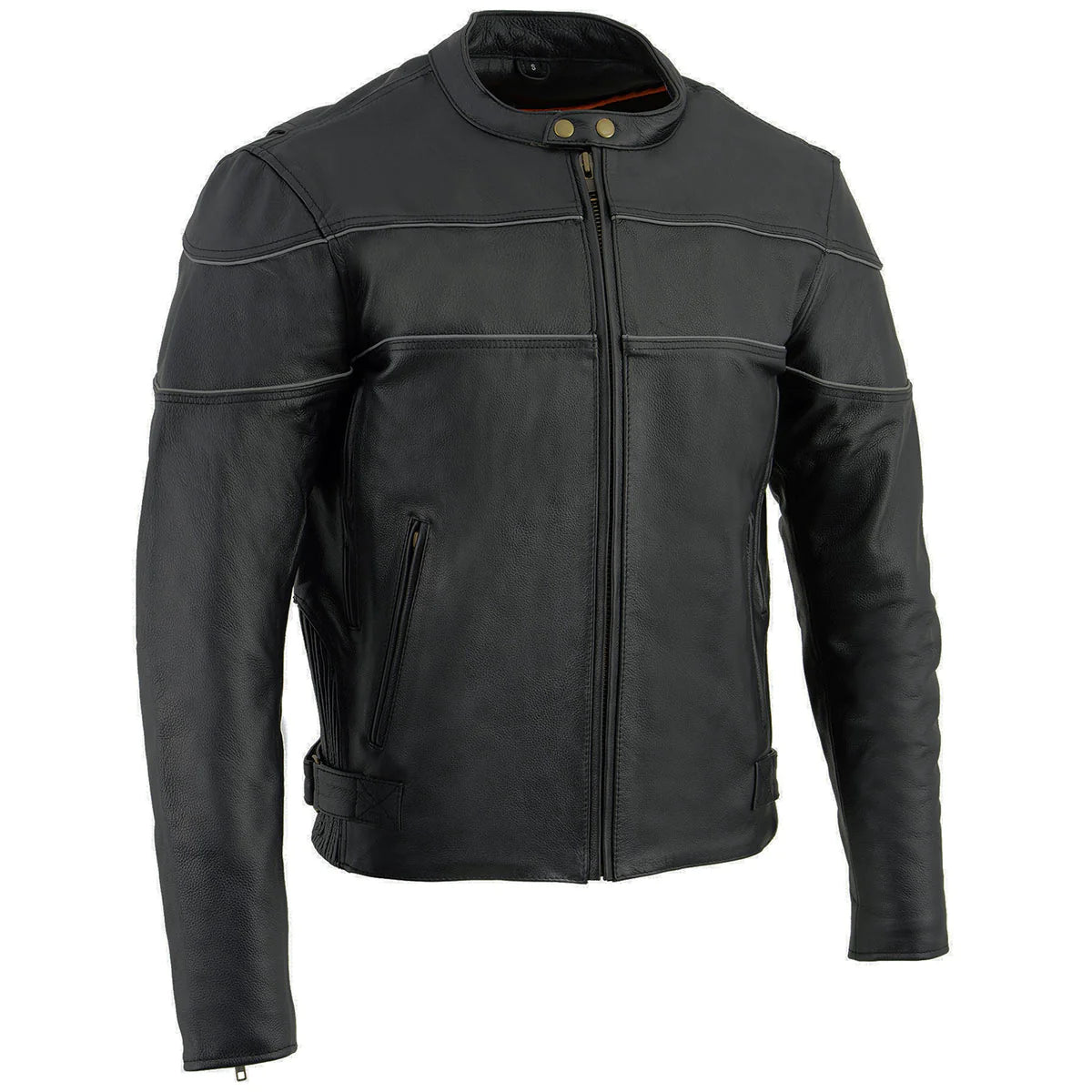 Mens Black Leather Scooter Style Motorcycle Jacket w/ Side Stretch and Reflective Piping