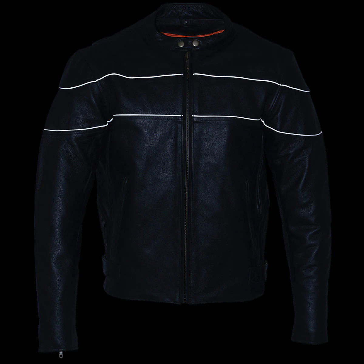 Mens Black Leather Scooter Style Motorcycle Jacket w/ Side Stretch and Reflective Piping