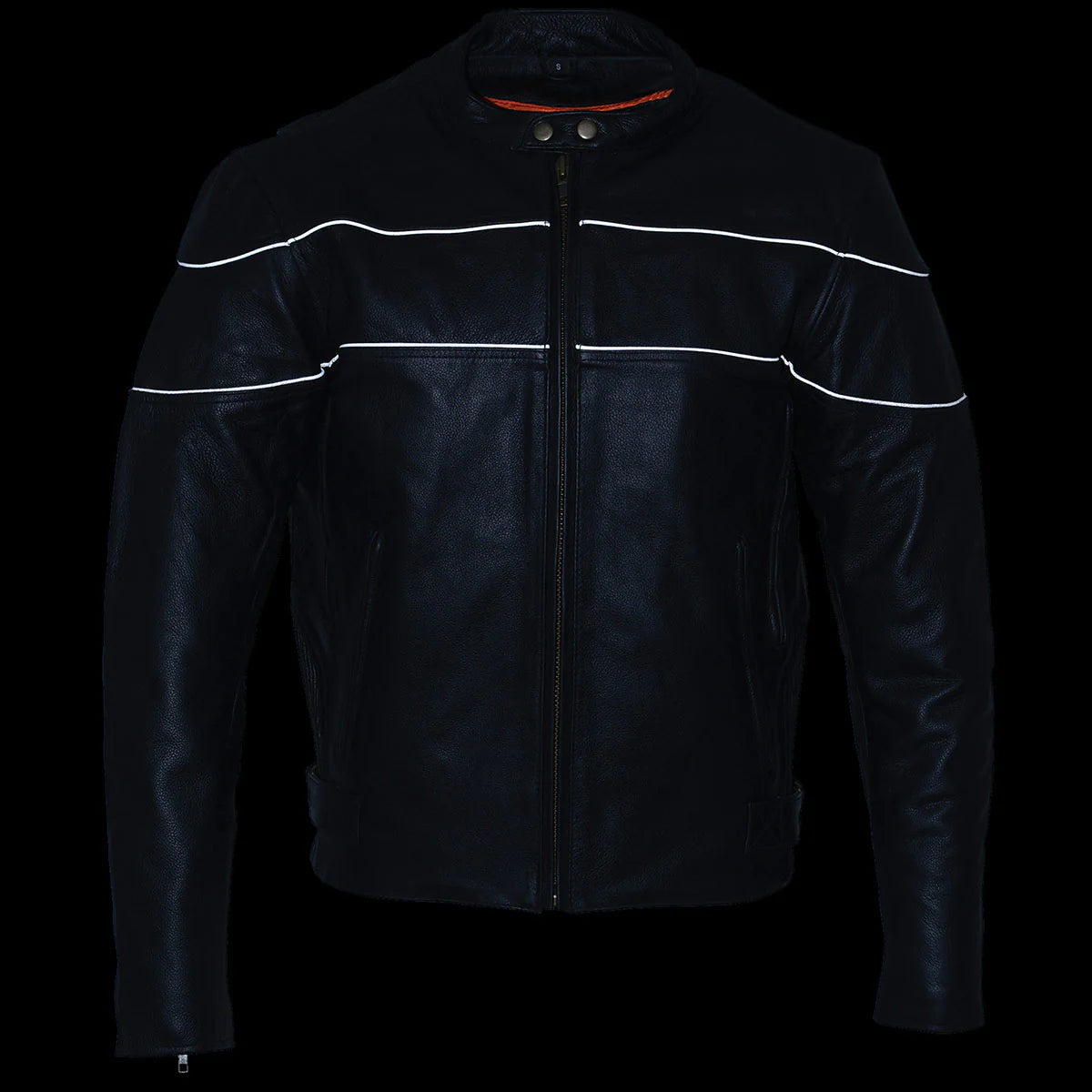 Mens Black Leather Scooter Style Motorcycle Jacket w/ Side Stretch and Reflective Piping