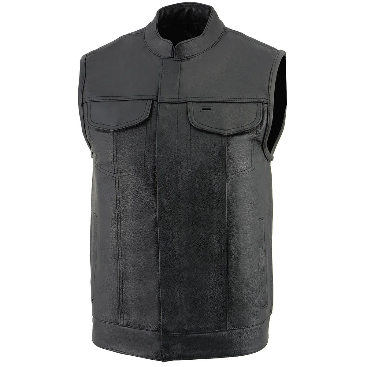 Men's Black Club Style Leather Vest with Open Neck