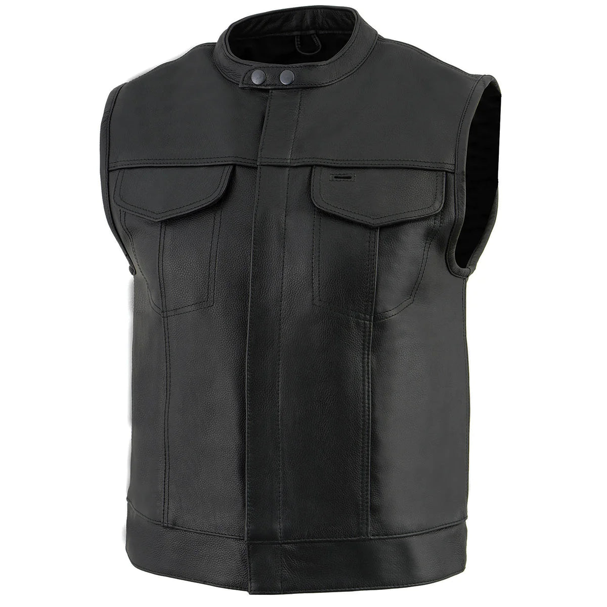 Men's Black Motorcycle Club Style Leather Vest with Concealed Snap Button Closure