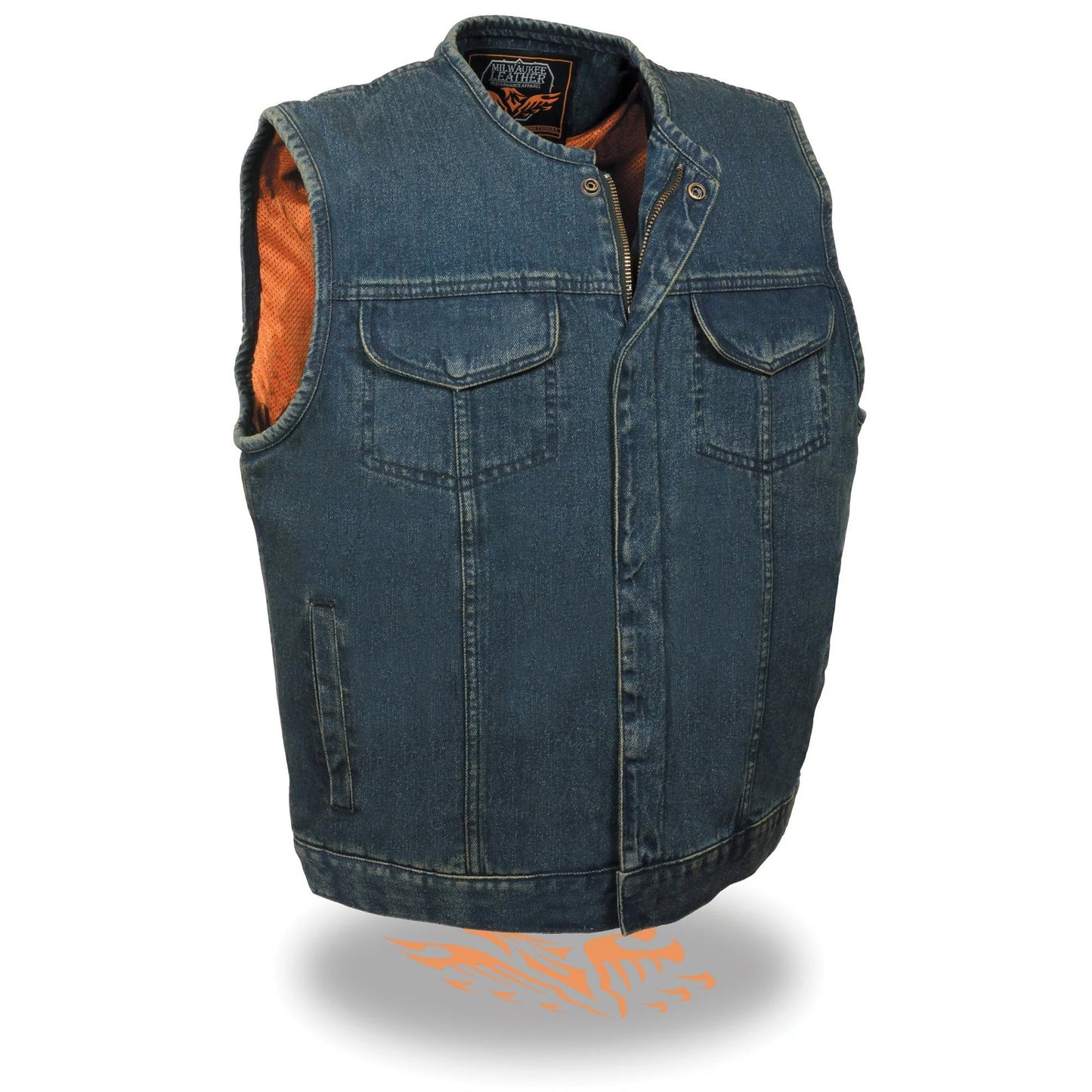 Men's Collarless Blue Denim Club Style Vest with Dual Closure