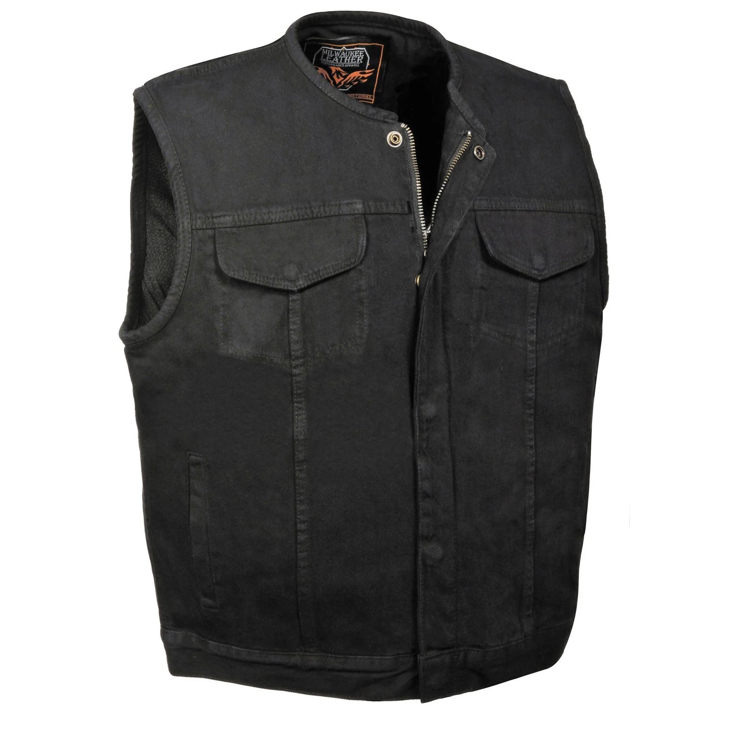 Men's Collarless Black Denim Club Style Vest with Dual Closure