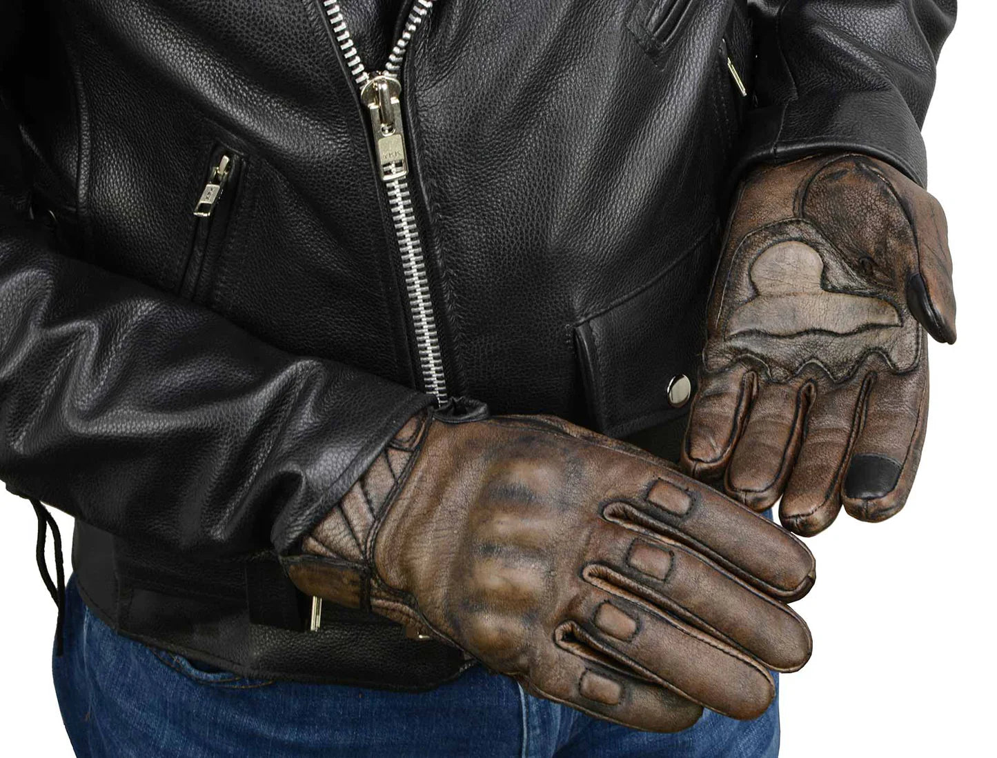 Men's Brown Leather i-Touch Screen Compatible Gel Palm Motorcycle Gloves W/ Protective Knuckle