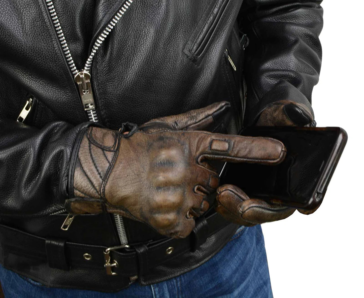 Men's Brown Leather i-Touch Screen Compatible Gel Palm Motorcycle Gloves W/ Protective Knuckle