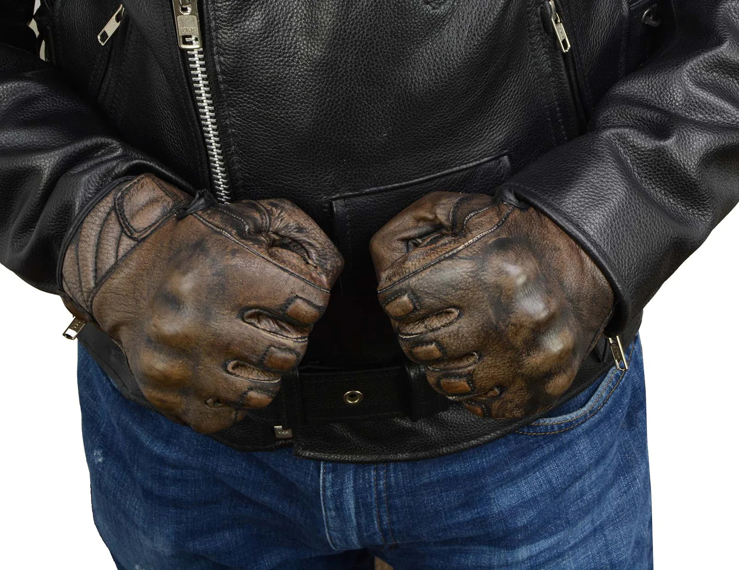 Men's Brown Leather i-Touch Screen Compatible Gel Palm Motorcycle Gloves W/ Protective Knuckle