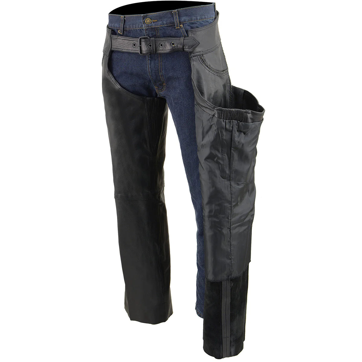 Men's Classic Black Braided Jean Style Leather Chaps