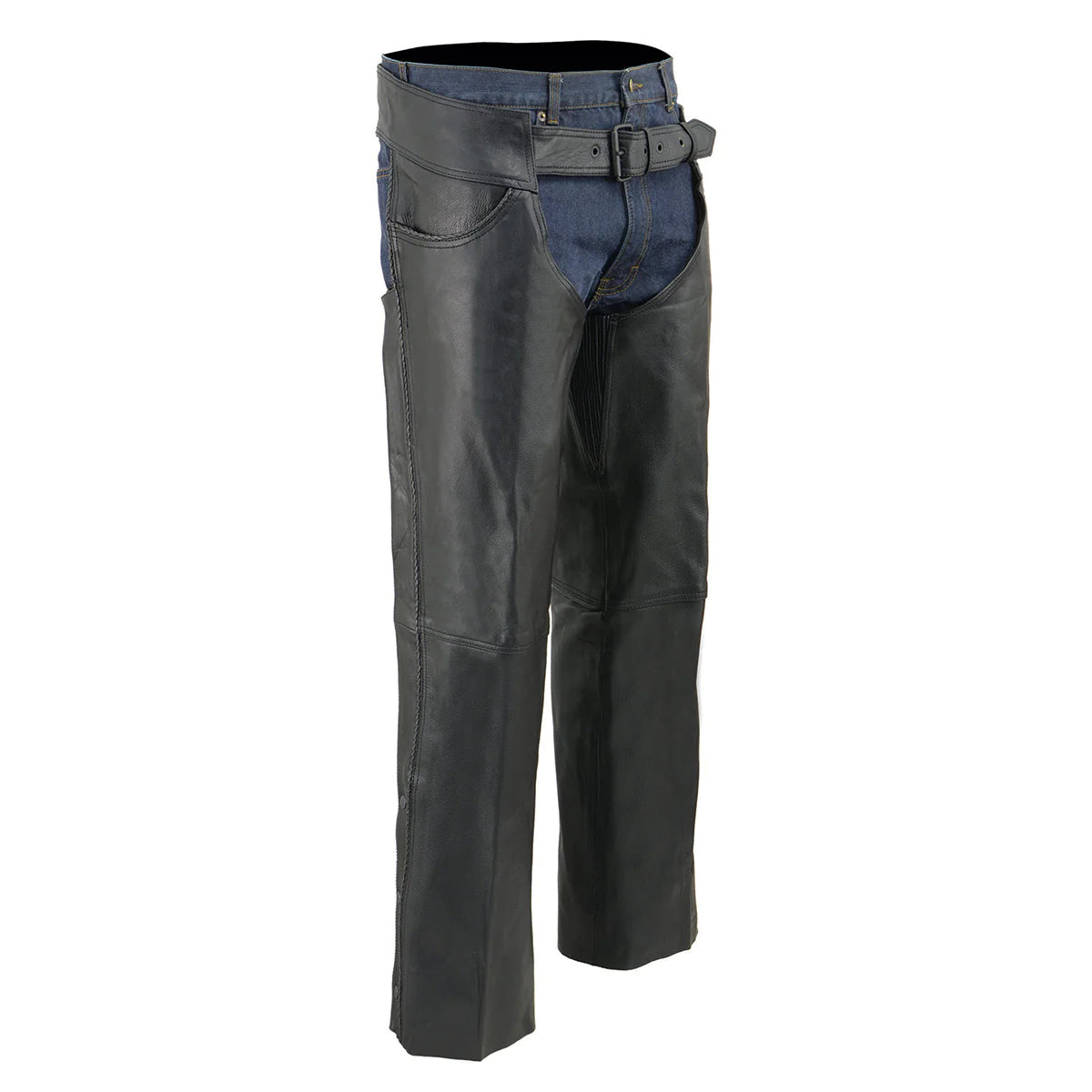 Men's Classic Black Braided Jean Style Leather Chaps