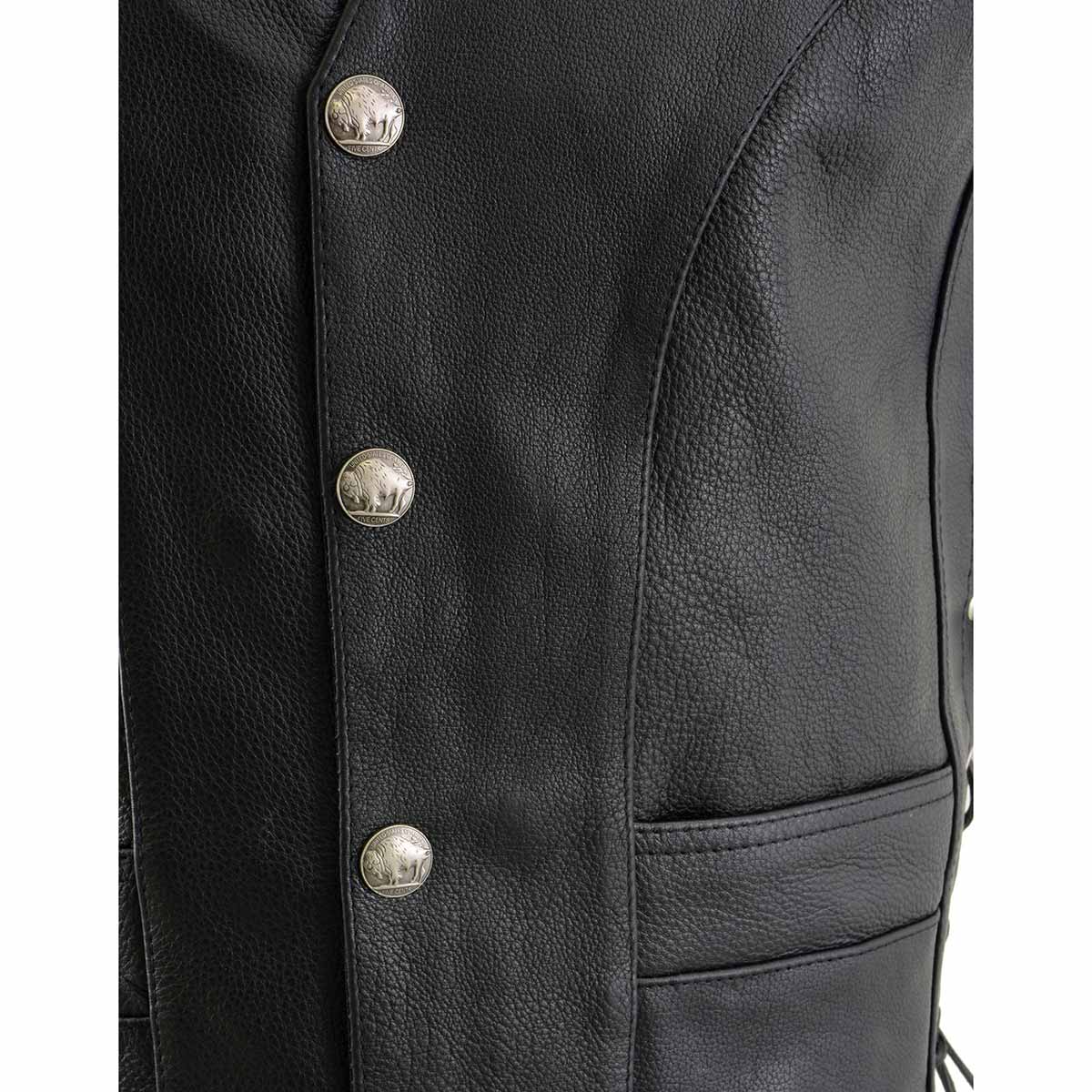 Men's Black Premium Leather Side Lace Vest with Buffalo Snaps