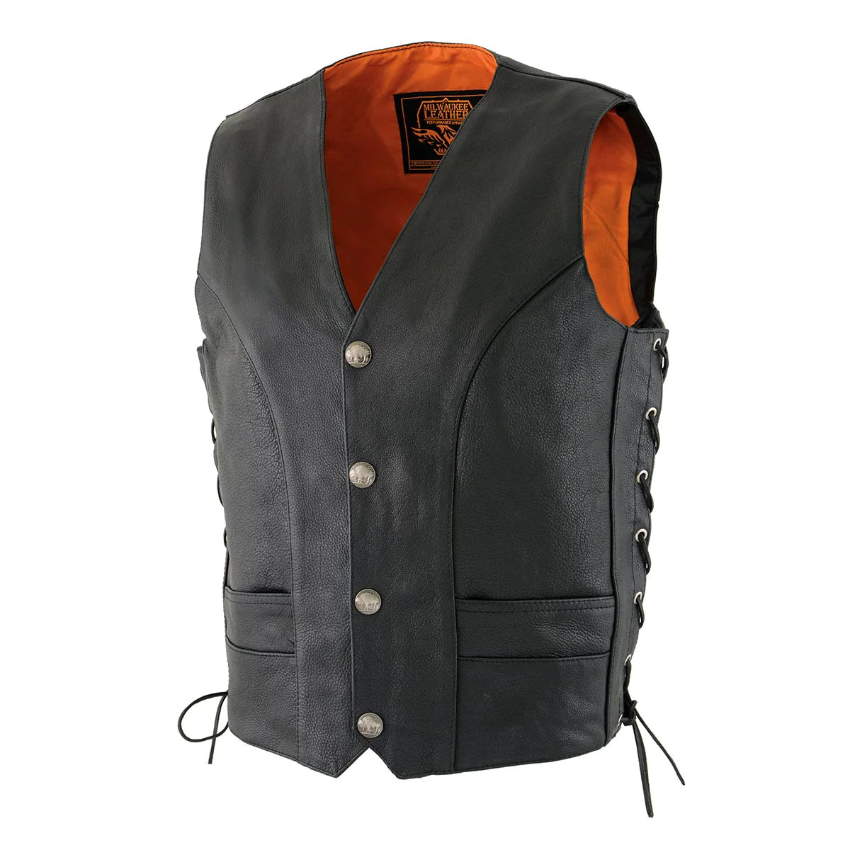Men's Black Premium Leather Side Lace Vest with Buffalo Snaps