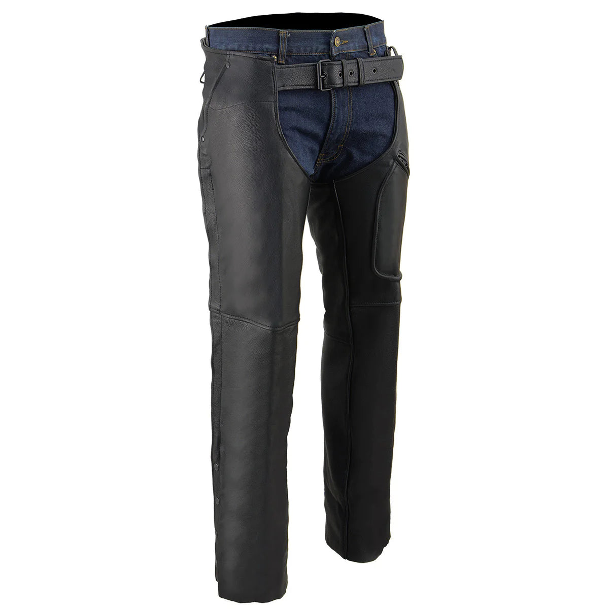 Men's Black 3-Pocket Leather Chaps with Thigh Patch Pocket