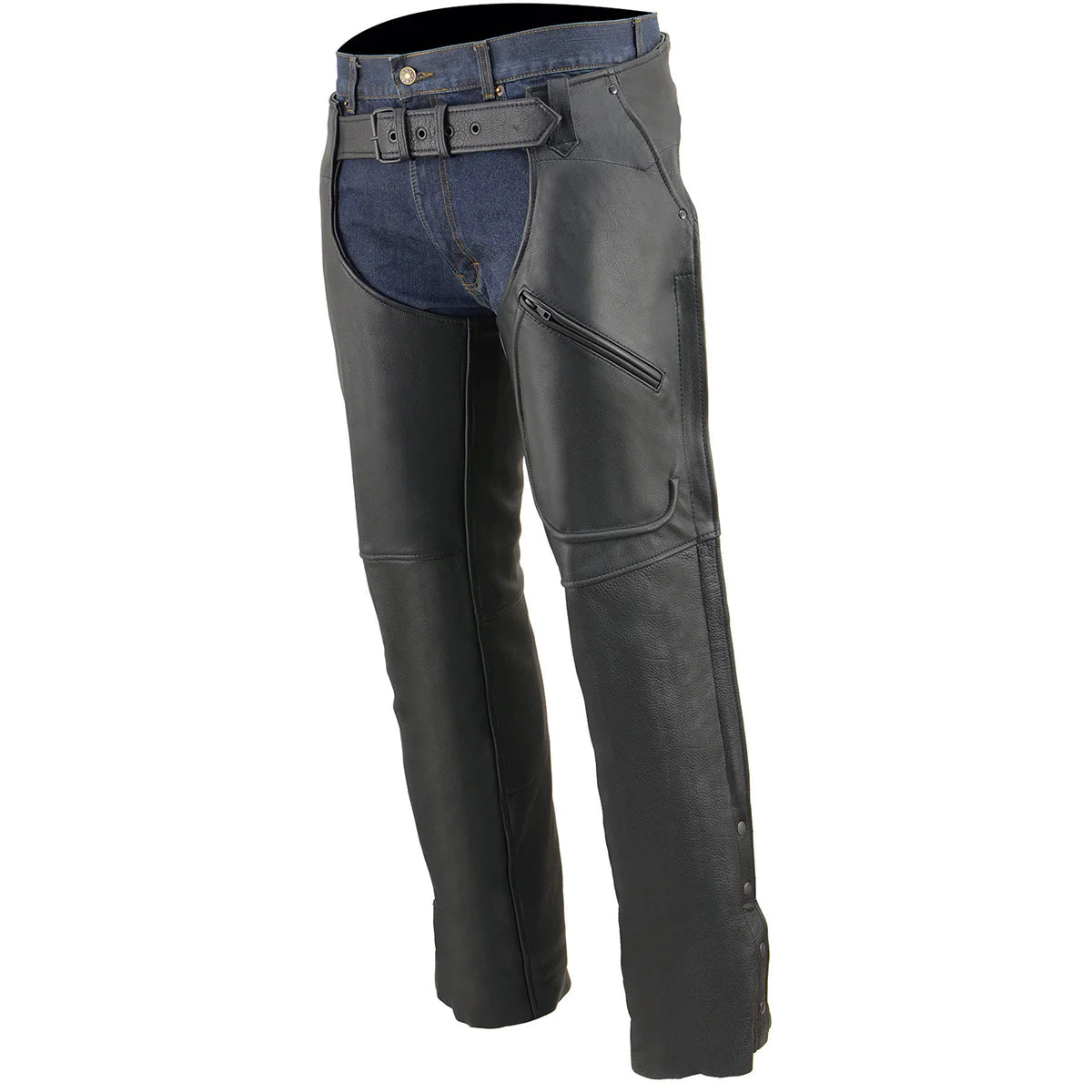 Men's Black 3-Pocket Leather Chaps with Thigh Patch Pocket