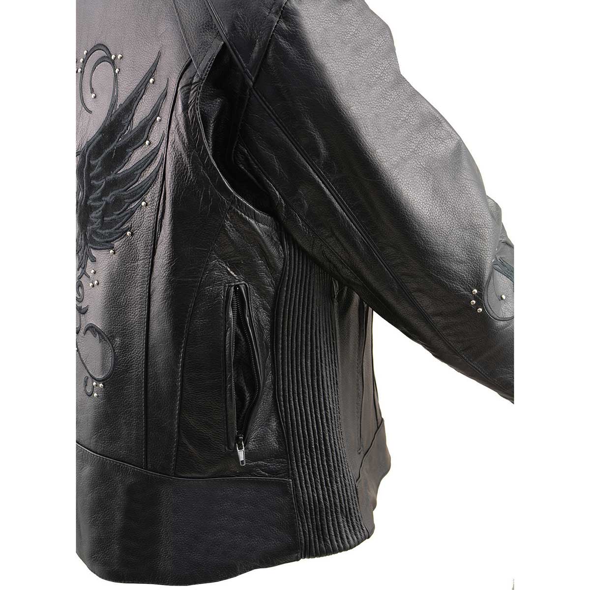 Women's Black 'Embroidered Wing and Stud Design' Leather Scooter Jacket