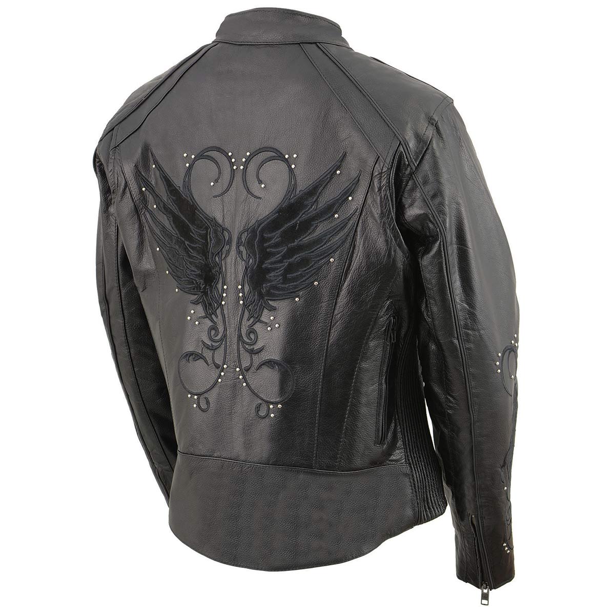 Women's Black 'Embroidered Wing and Stud Design' Leather Scooter Jacket