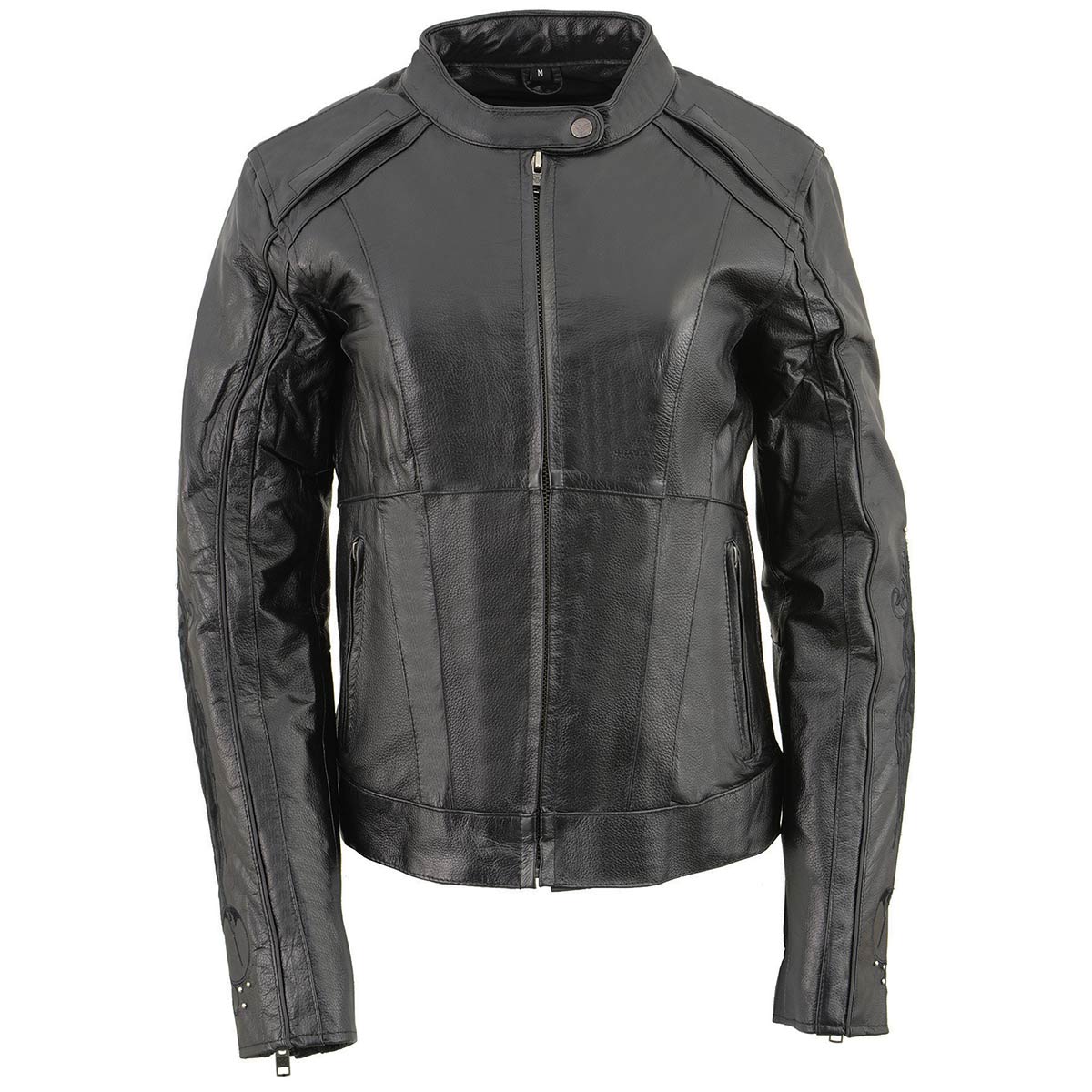 Women's Black 'Embroidered Wing and Stud Design' Leather Scooter Jacket