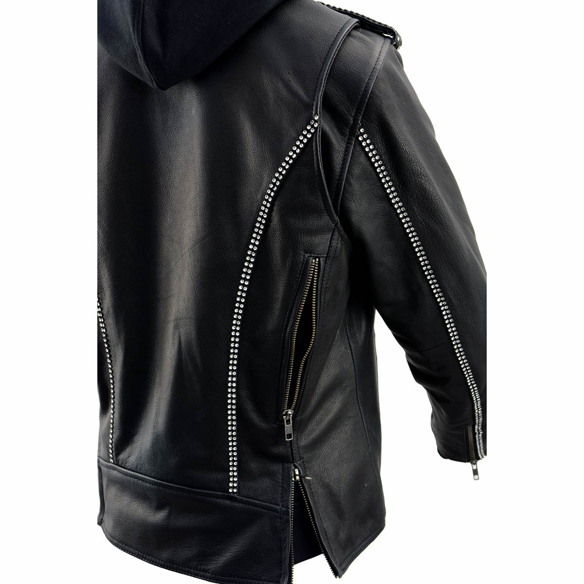 Women's Black 'Bedazzled' Leather Moto Jacket with Hoodie