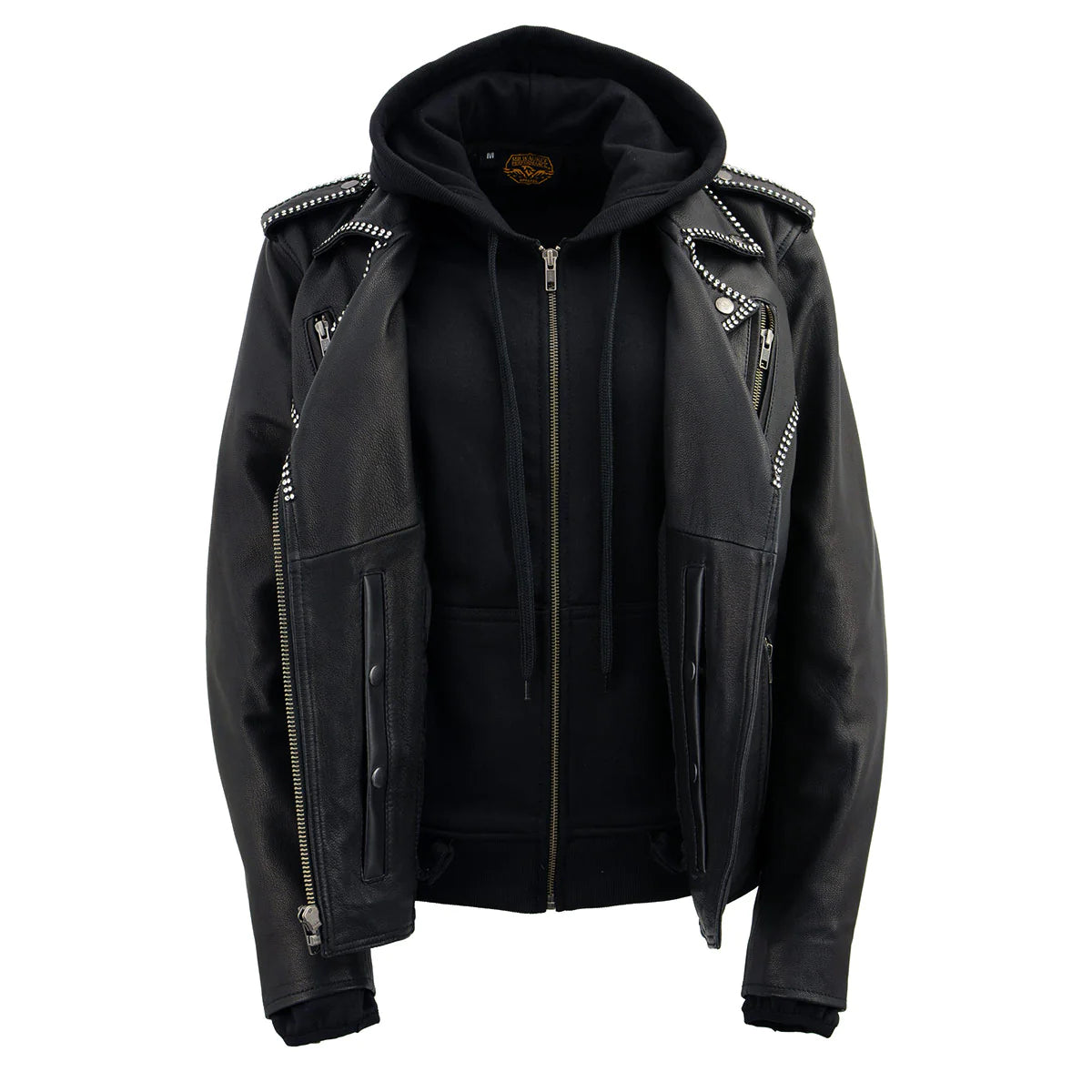 Women's Black 'Bedazzled' Leather Moto Jacket with Hoodie