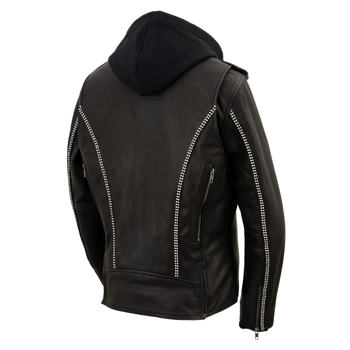 Women's Black 'Bedazzled' Leather Moto Jacket with Hoodie