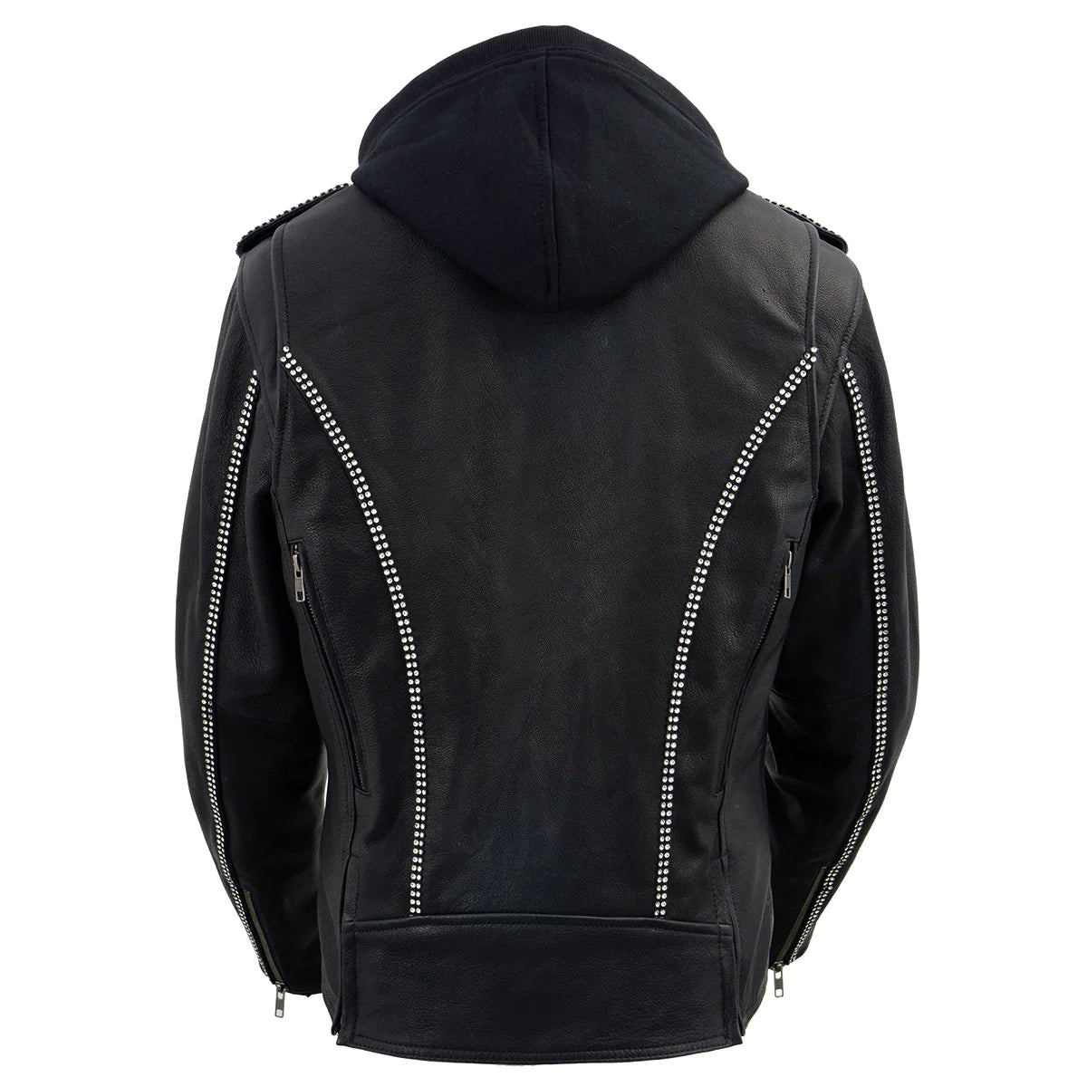 Women's Black 'Bedazzled' Leather Moto Jacket with Hoodie