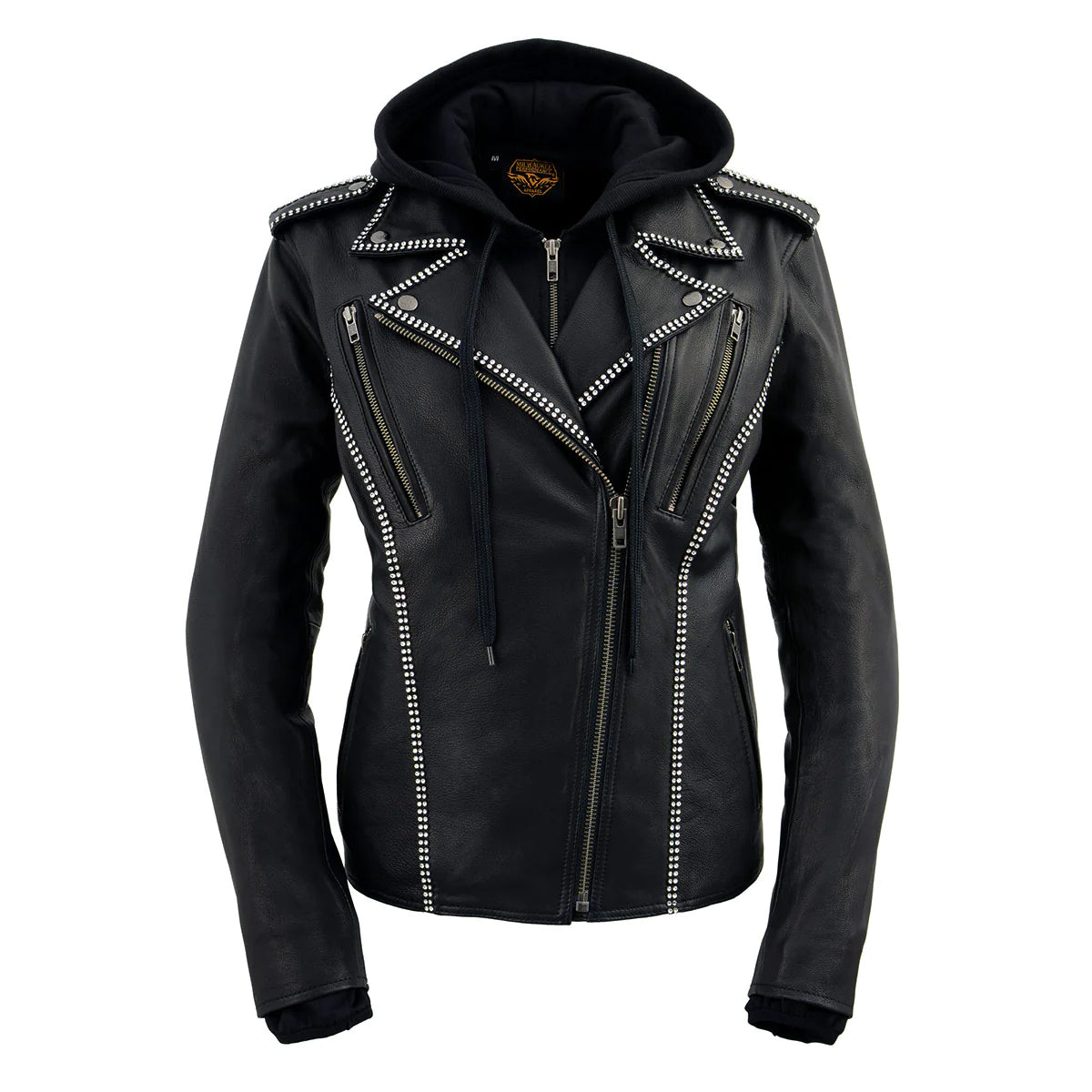 Women's Black 'Bedazzled' Leather Moto Jacket with Hoodie