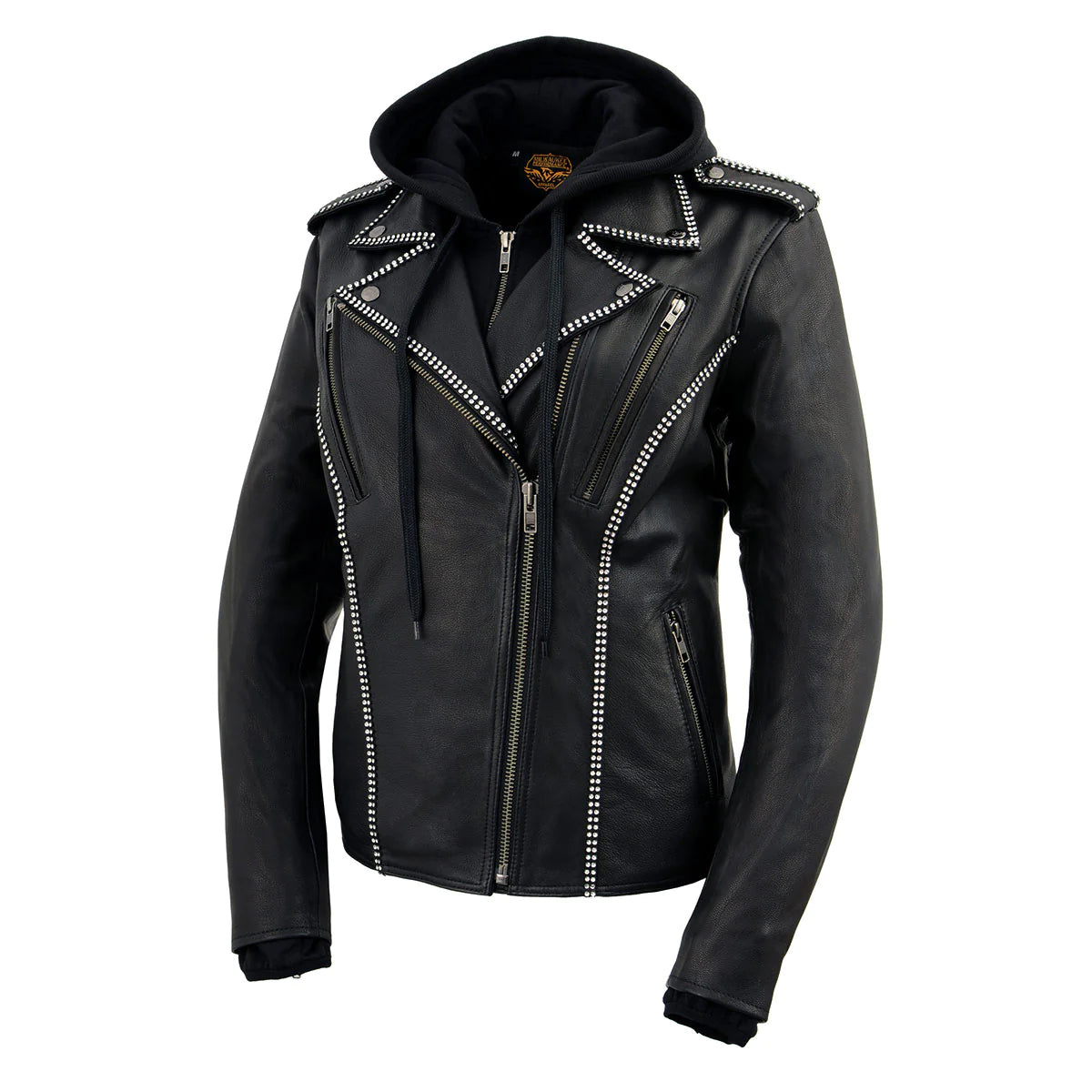 Women's Black 'Bedazzled' Leather Moto Jacket with Hoodie