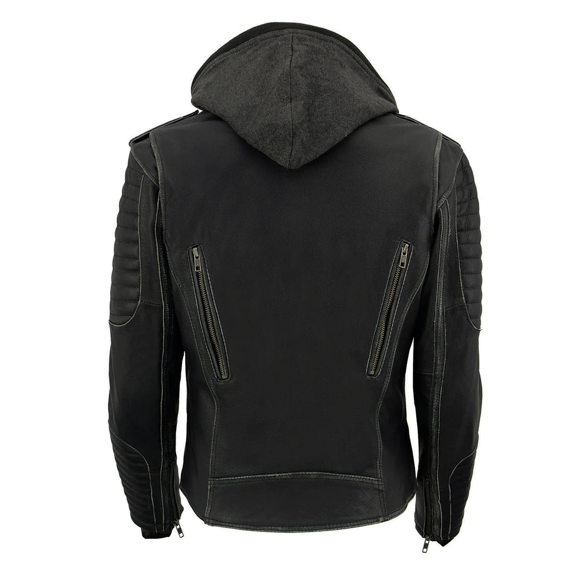 Black Leather Rub-Off Leather Jacket with Hoodie for Women