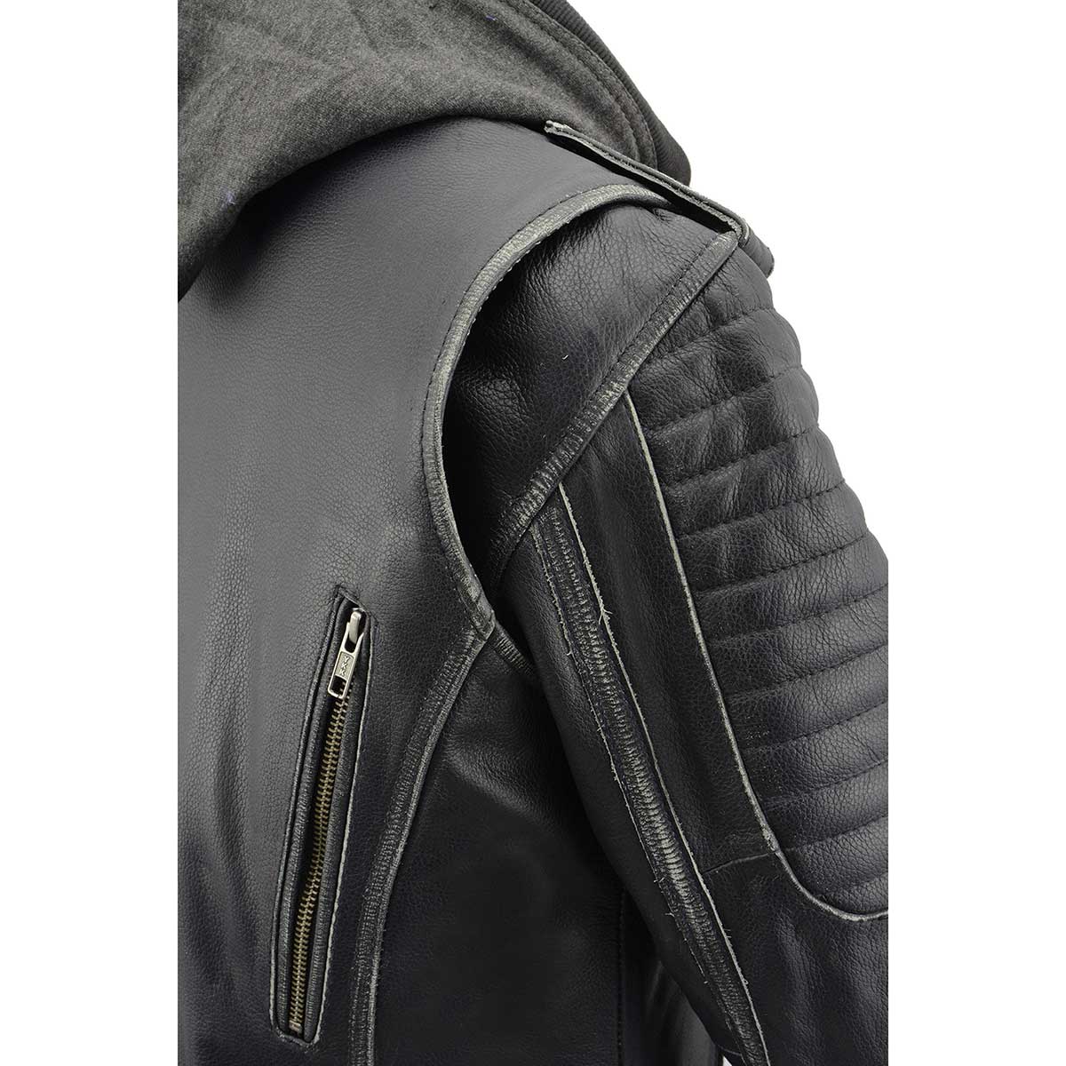 Black Leather Rub-Off Leather Jacket with Hoodie for Women