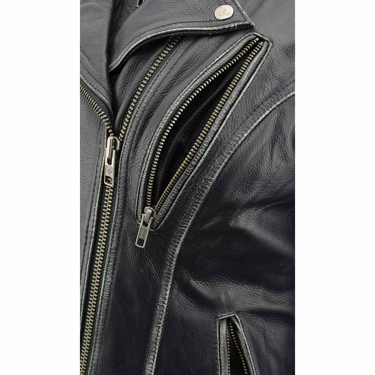 Black Leather Rub-Off Leather Jacket with Hoodie for Women