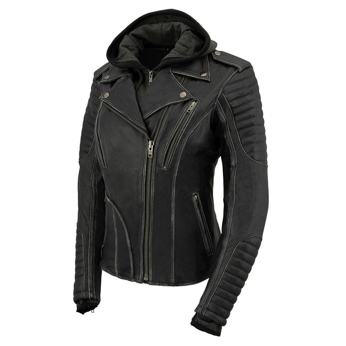 Black Leather Rub-Off Leather Jacket with Hoodie for Women