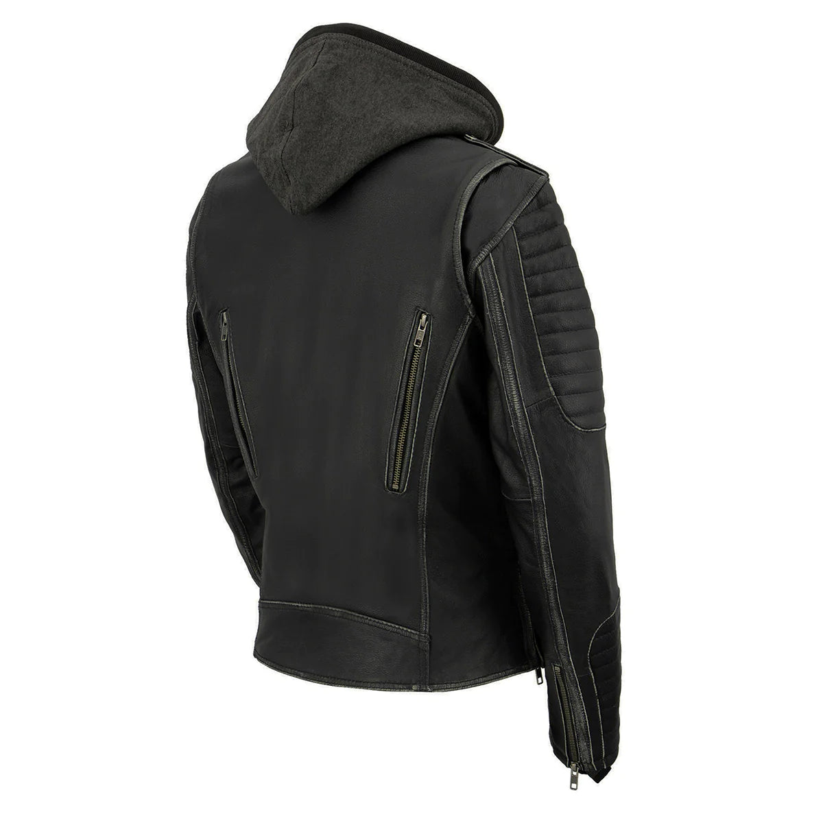 Black Leather Rub-Off Leather Jacket with Hoodie for Women