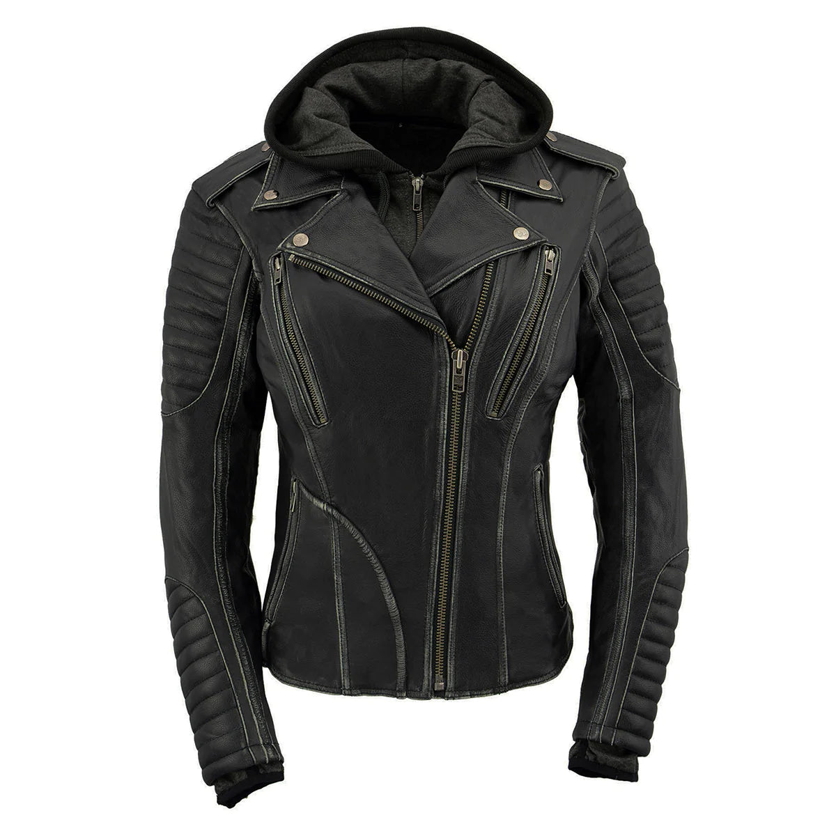 Black Leather Rub-Off Leather Jacket with Hoodie for Women