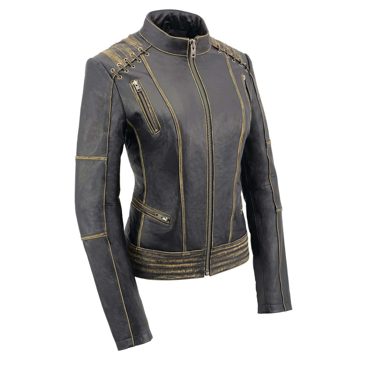 Women's 'Elegant' Distressed Brown Detail Laced Leather Jacket