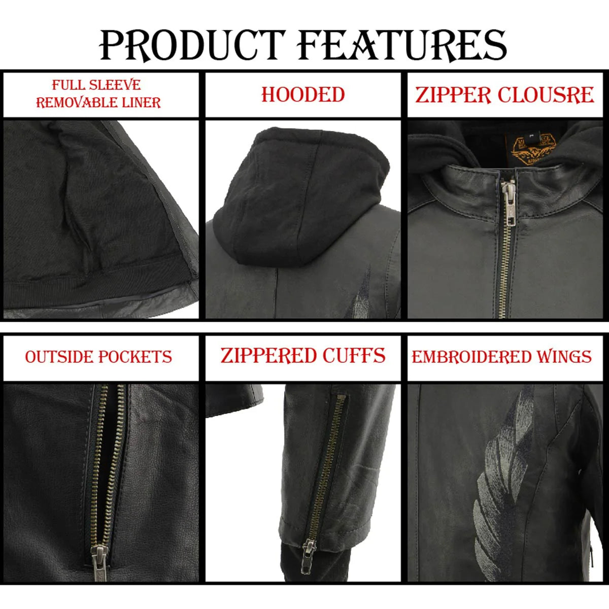 Women's Lightweight Black Leather Jacket with Removable Hoodie