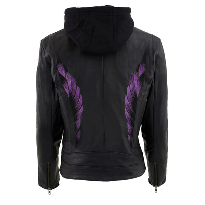 Ladies Purple Winged ‘Scuba’ Leather Jacket with Hoodie