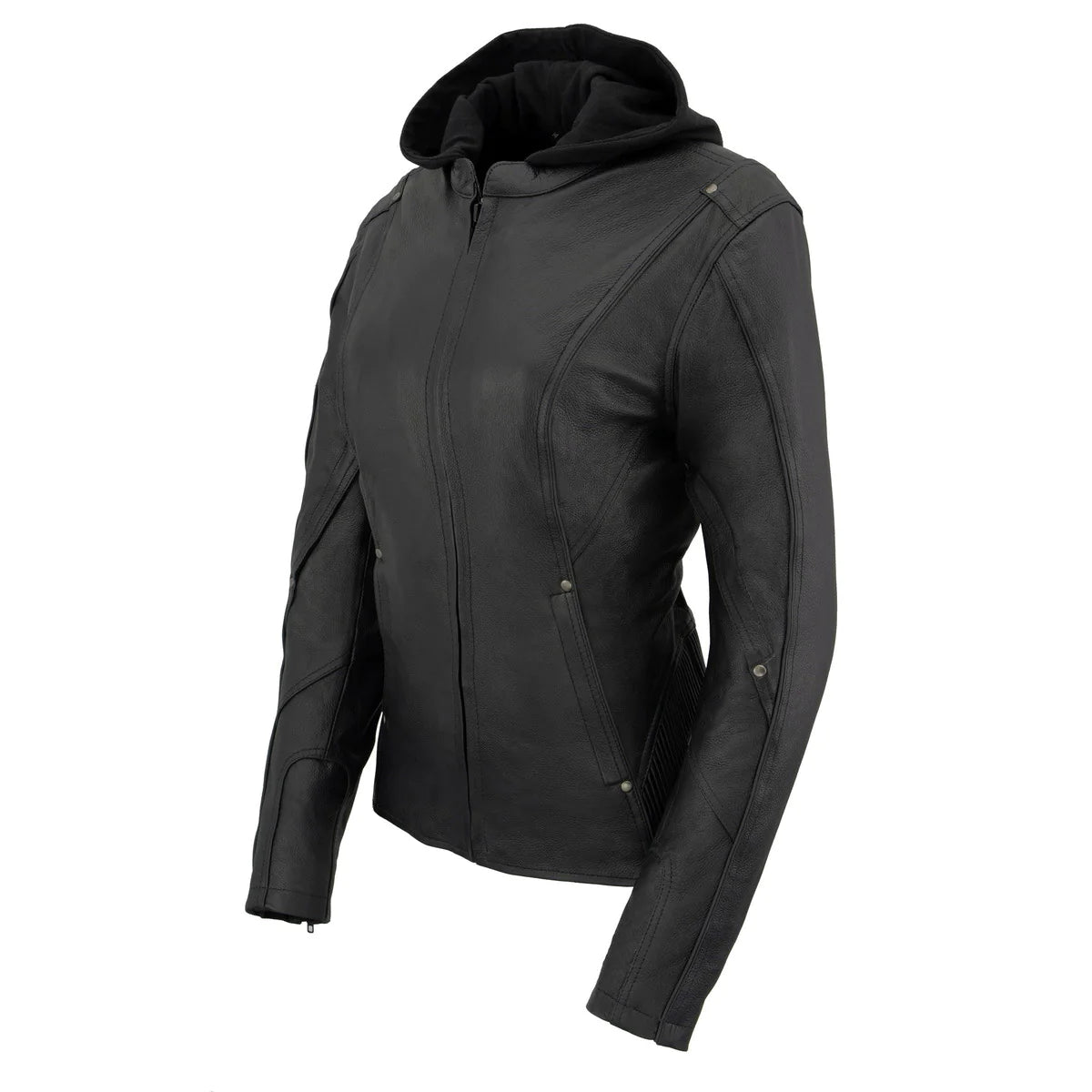 Women's Black 3/4 Hooded Leather Jacket with Side Stretch