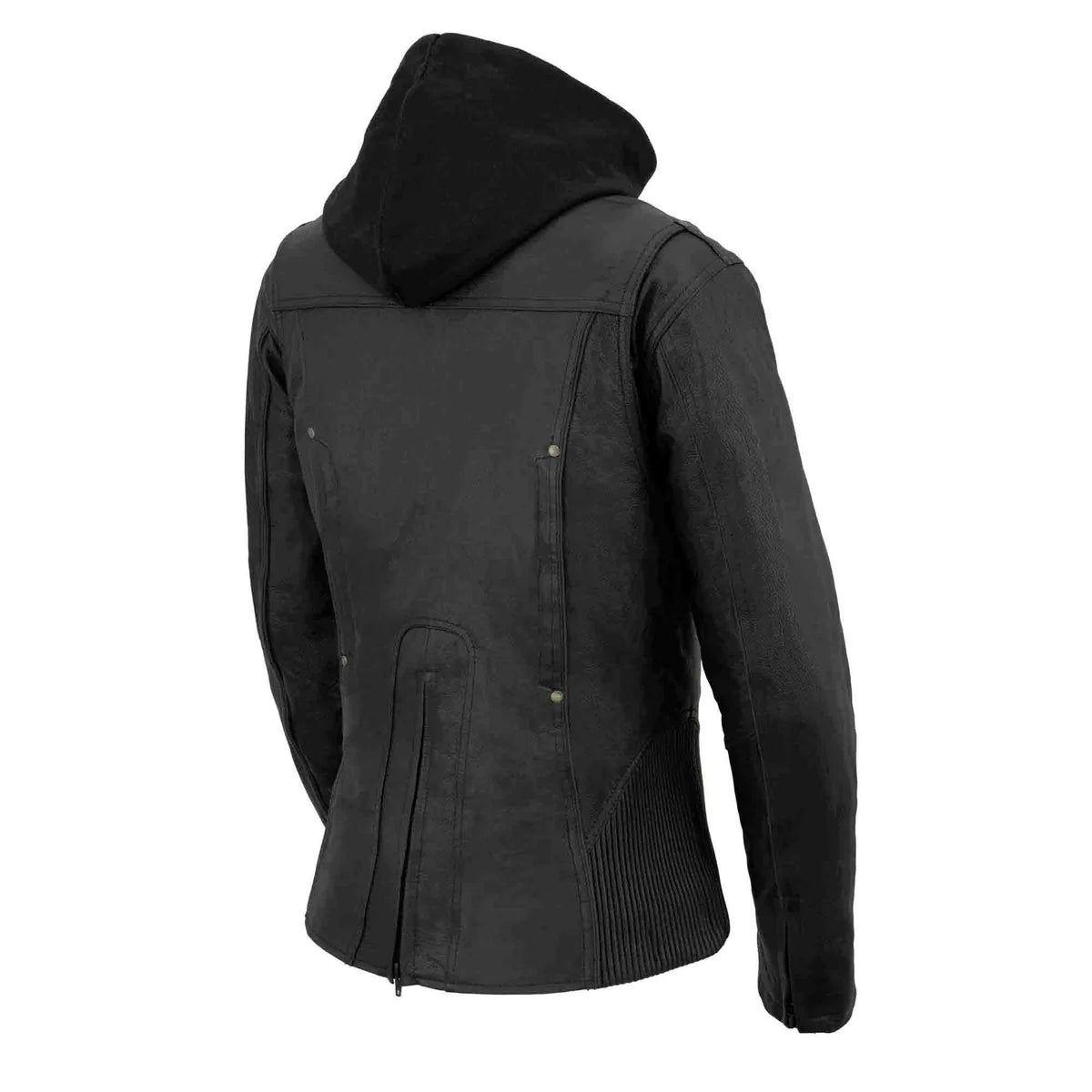 Women's Black 3/4 Hooded Leather Jacket with Side Stretch