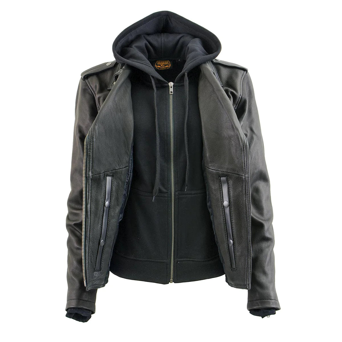 Women's Black Leather Vented Motorcycle Jacket w/ Removable Hoodie