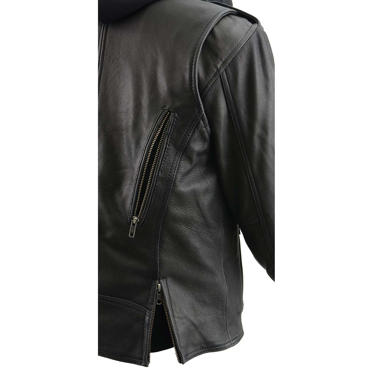 Women's Black Leather Vented Motorcycle Jacket w/ Removable Hoodie