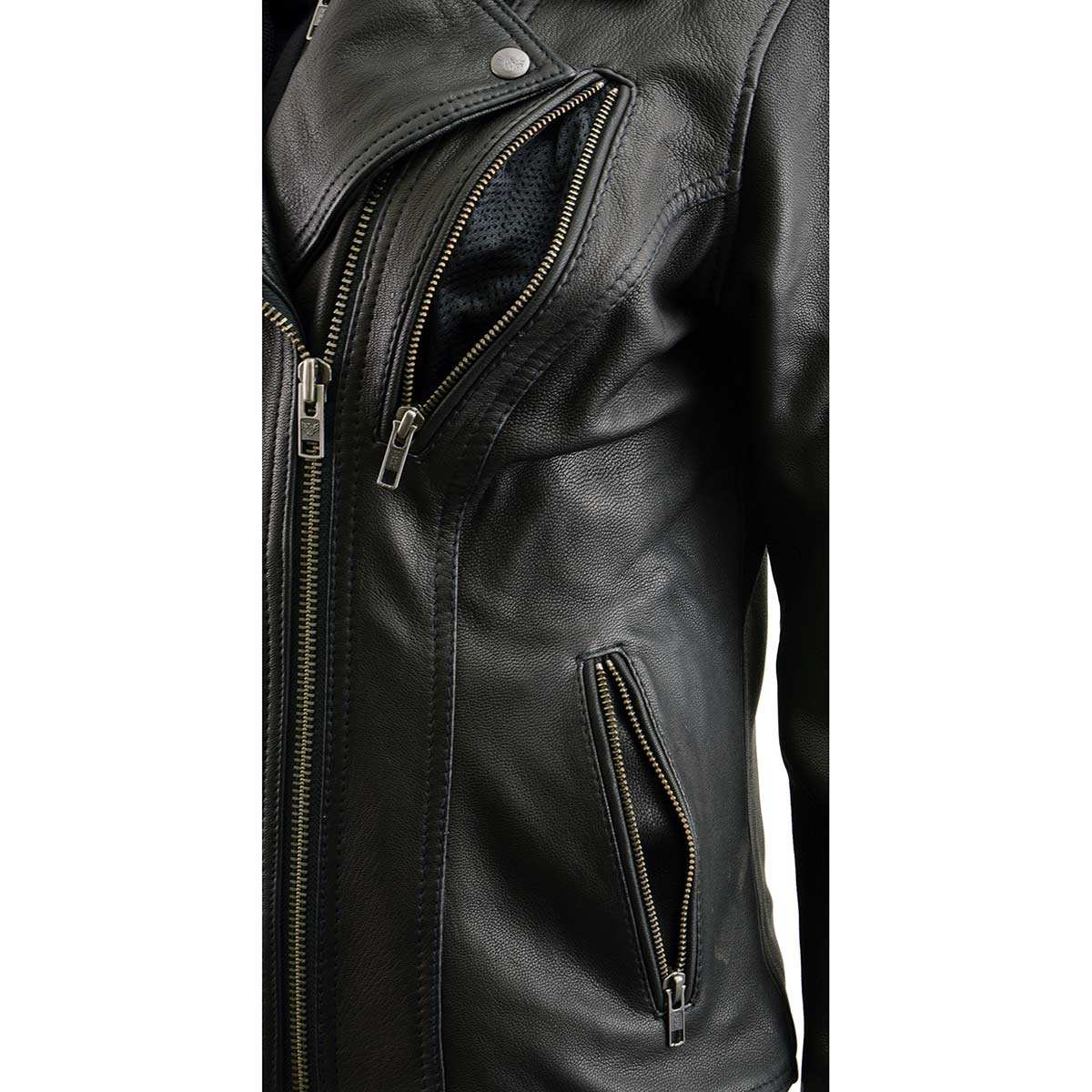 Women's Black Leather Vented Motorcycle Jacket w/ Removable Hoodie