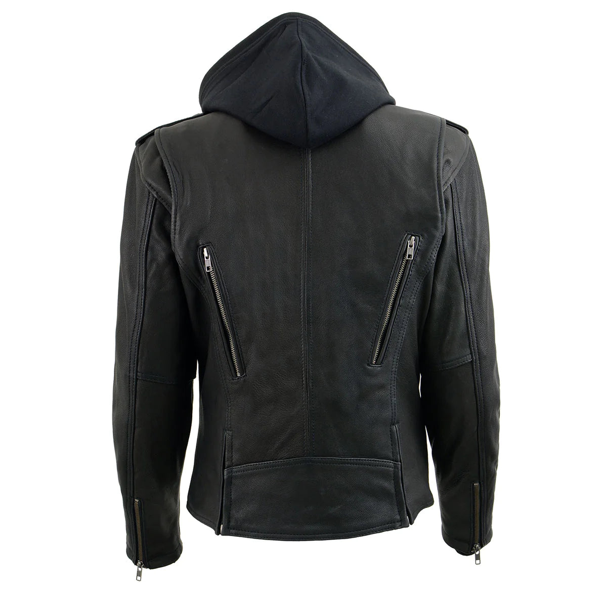 Women's Black Leather Vented Motorcycle Jacket w/ Removable Hoodie