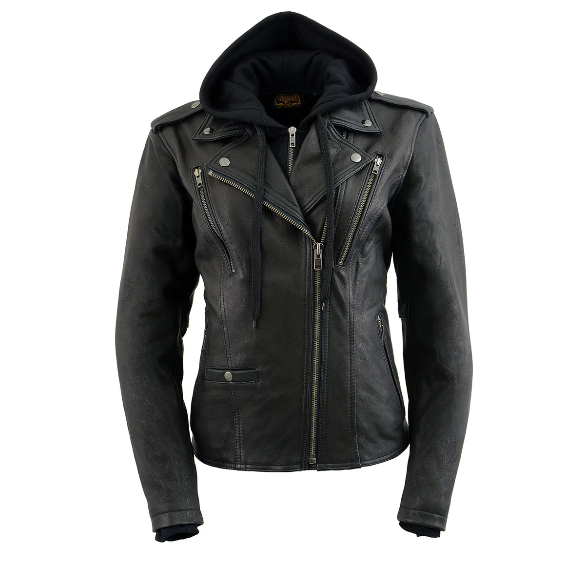 Women's Black Leather Vented Motorcycle Jacket w/ Removable Hoodie