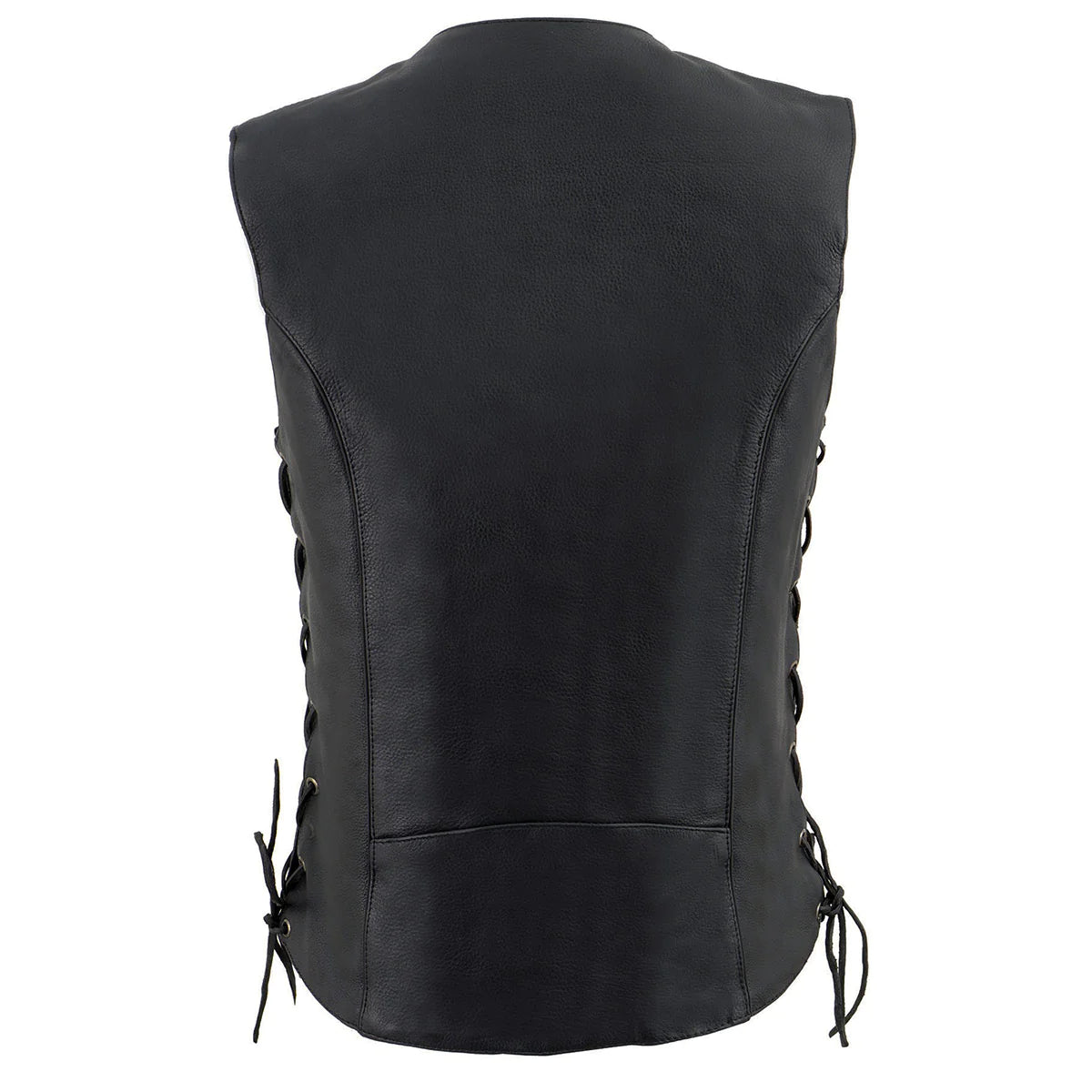 Women's Classic Black Leather Side Laced Biker Vest with Reflective Piping