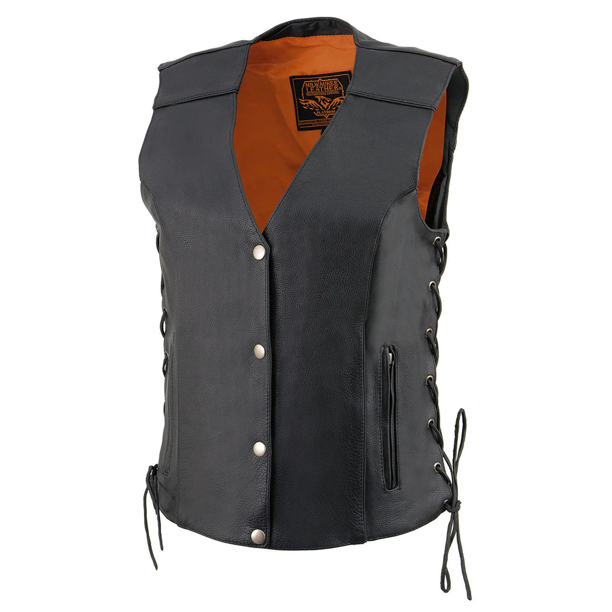 Women's Classic Black Leather Side Laced Biker Vest with Reflective Piping