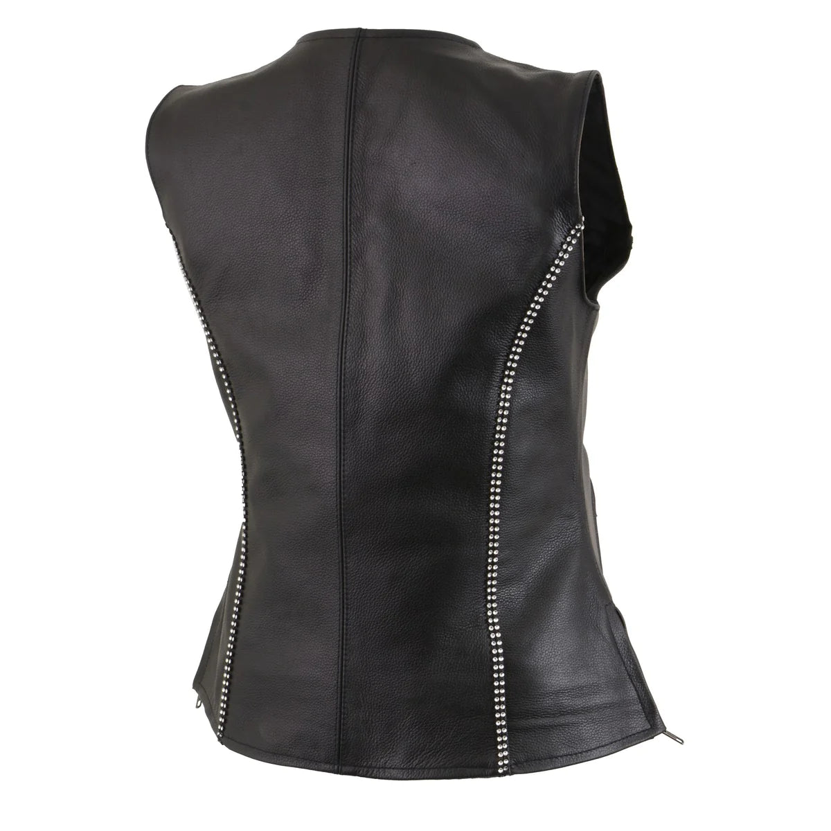 Women's Black Leather V-Neck Zipper Vest with Rhinestone Bling Detail