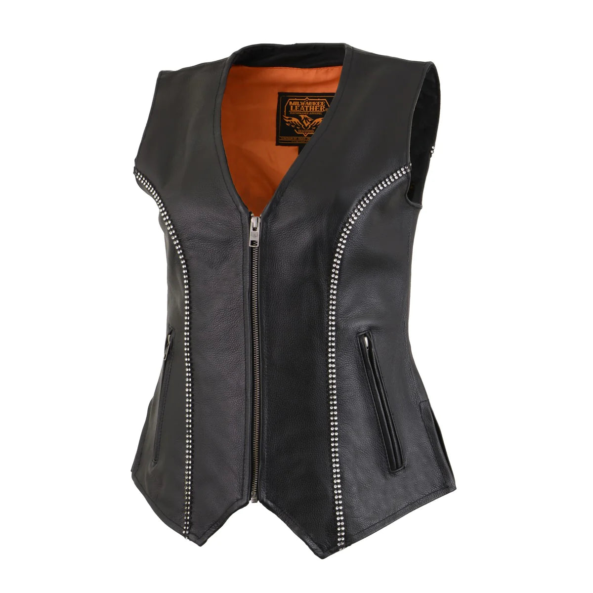 Women's Black Leather V-Neck Zipper Vest with Rhinestone Bling Detail