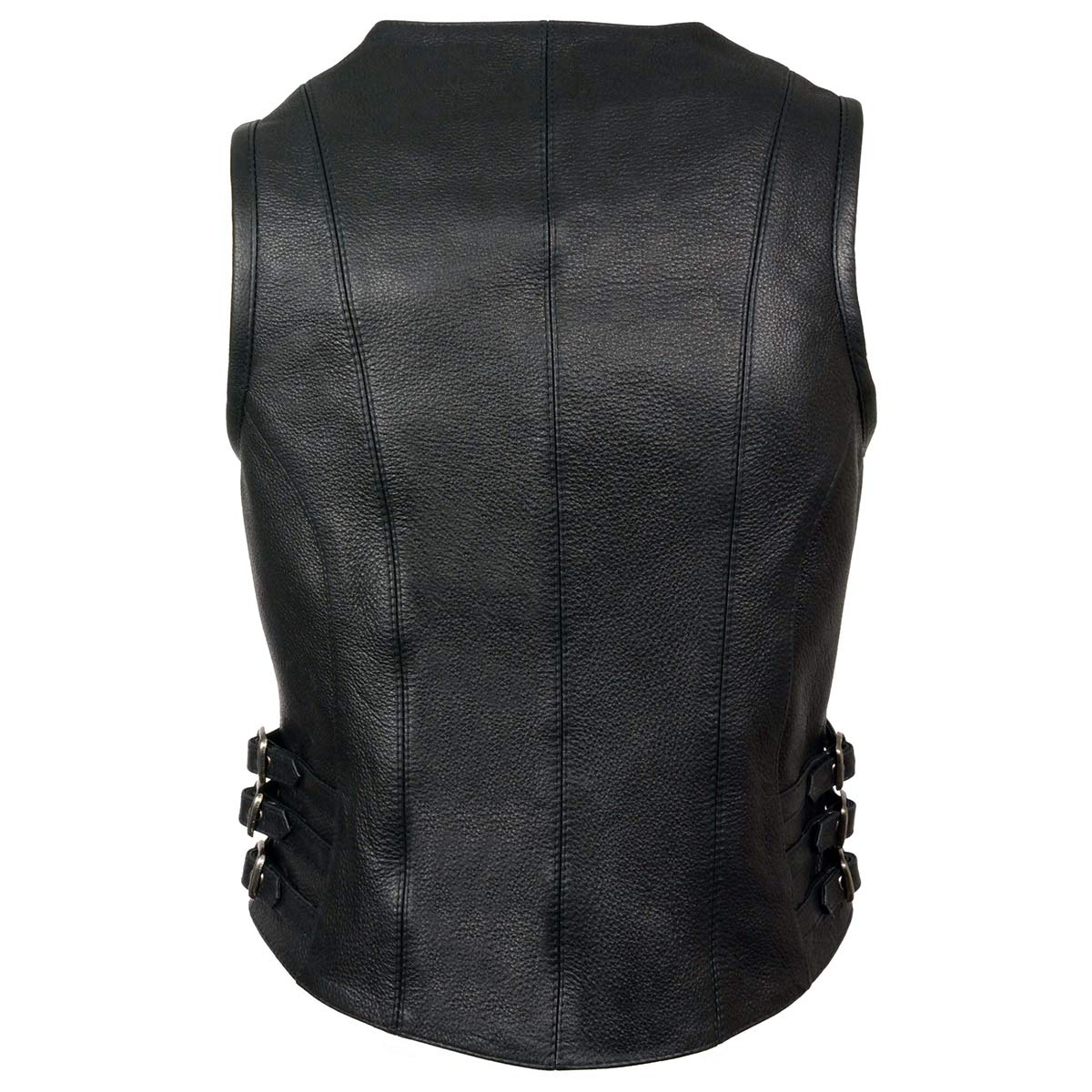 Women's Black Leather V-Neck Vest with Side Buckles