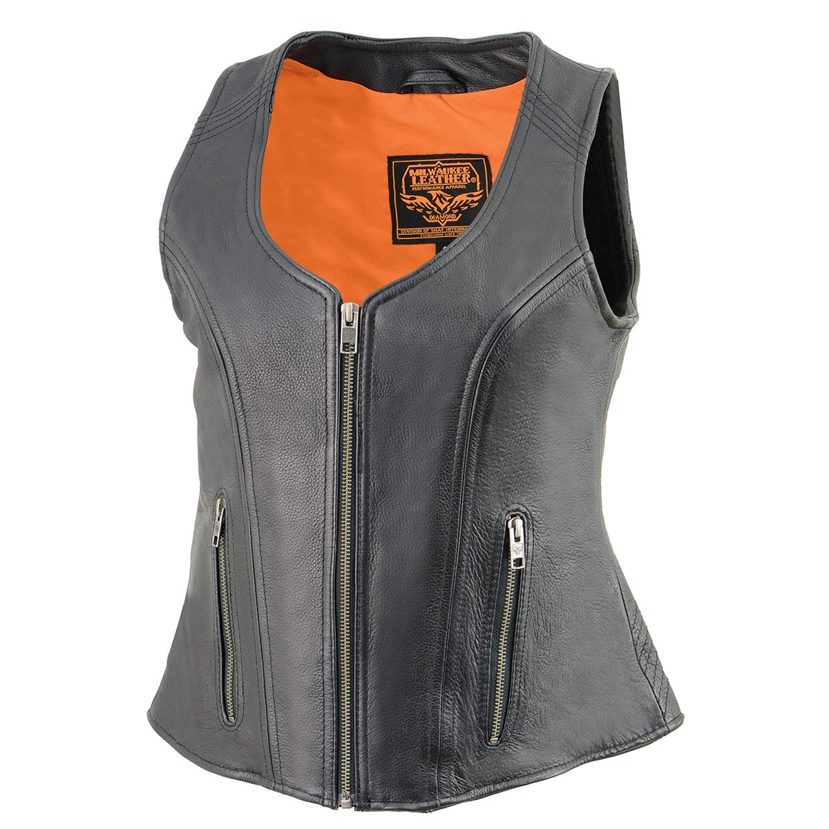 Women's Open Neck Front Zipper Black Leather Vest