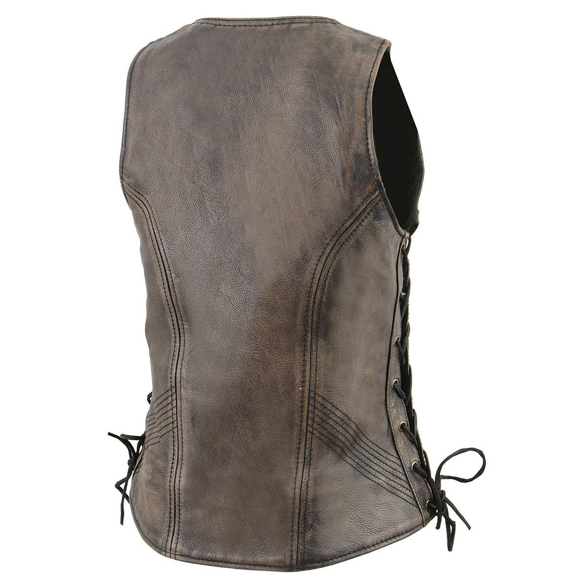 Women's Distressed Brown ‘Open Neck’ Motorcycle Leather Vest with Side Laces