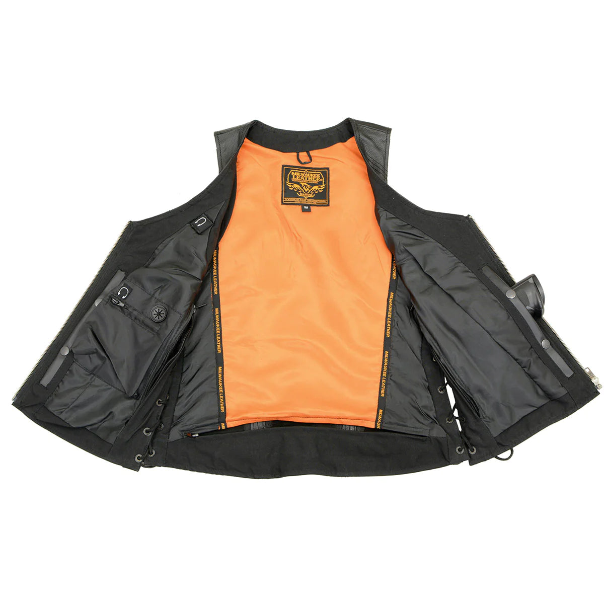 Women's Black 'Open Neck’ Motorcycle Leather Vest with Side Laces